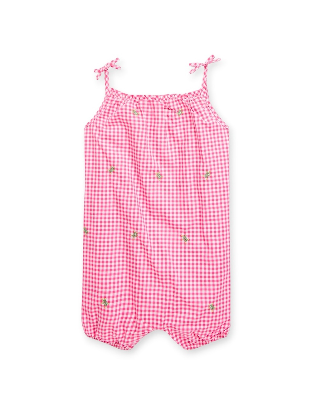 Ralph Lauren Pink Gingham Tie-Shoulder Romper with Embroidered Turtles - Size 9m